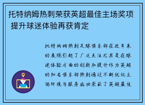 托特纳姆热刺荣获英超最佳主场奖项 提升球迷体验再获肯定