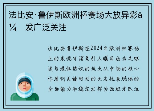 法比安·鲁伊斯欧洲杯赛场大放异彩引发广泛关注 法比安·鲁伊斯欧洲杯赛场大放异彩引发广泛关注